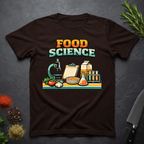 Chocolate Brown t-shirt with 'Food Science' graphic design on a dark surface with kitchen items.