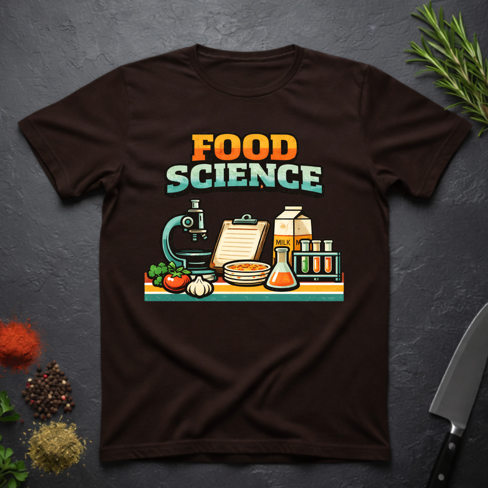 Chocolate Brown t-shirt with 'Food Science' graphic design on a dark surface with kitchen items.