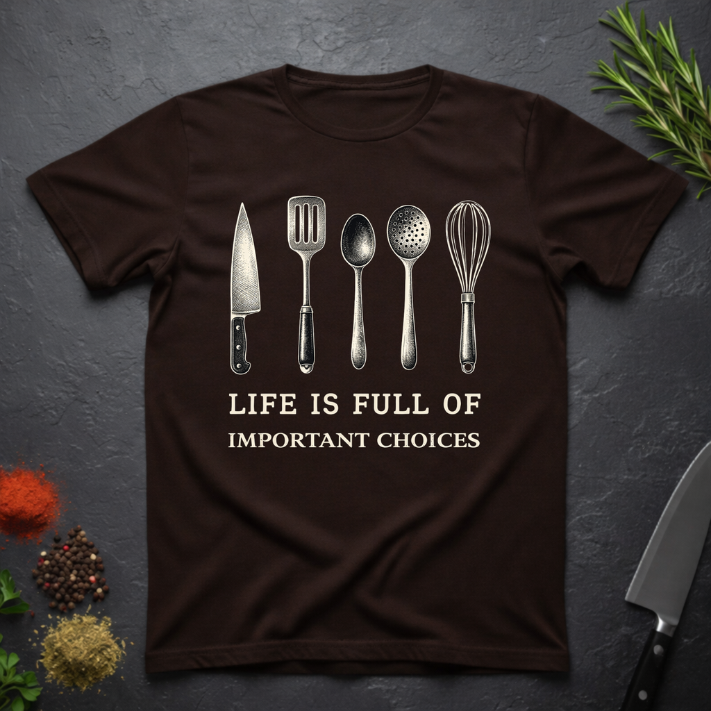 Chocolate brown t-shirt with kitchen utensil graphics and text "Life is Full of Important Choices" on a dark surface.