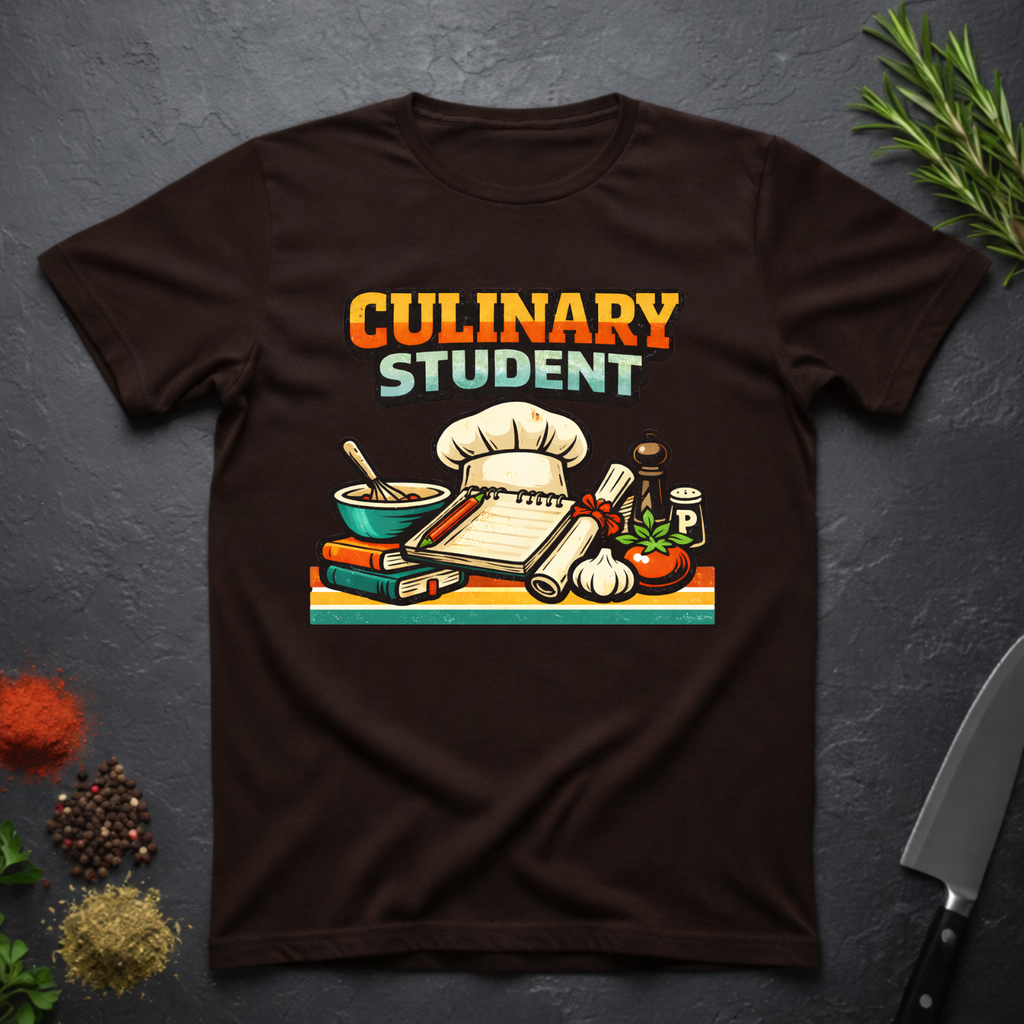 Chocolate Brown t-shirt with 'Culinary Student' graphic on a dark surface with kitchen items.