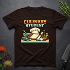 Chocolate Brown t-shirt with 'Culinary Student' graphic on a dark surface with kitchen items.