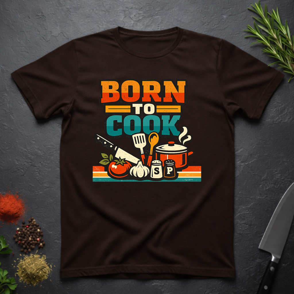 Chocolate Brown t-shirt with 'Born to Cook' graphic on a dark surface with kitchen items.