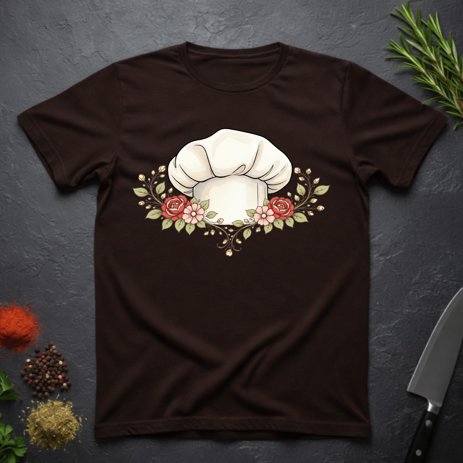 Chocolate Brown t-shirt with chef's hat and floral design on a dark surface