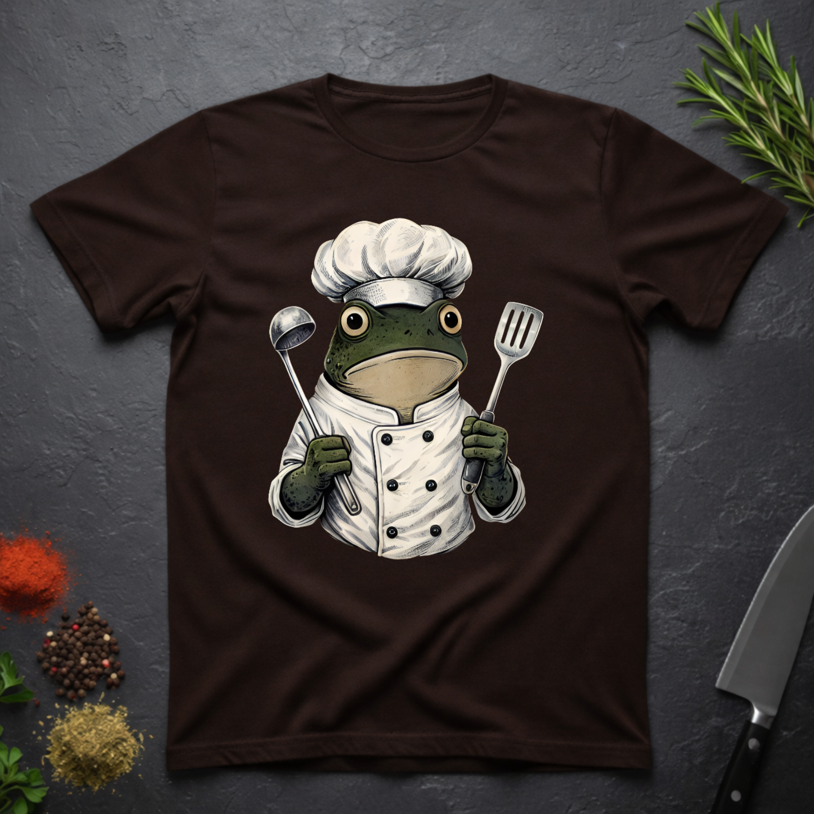 Chocolate brown t-shirt with a frog chef holding utensils design on a dark surface.