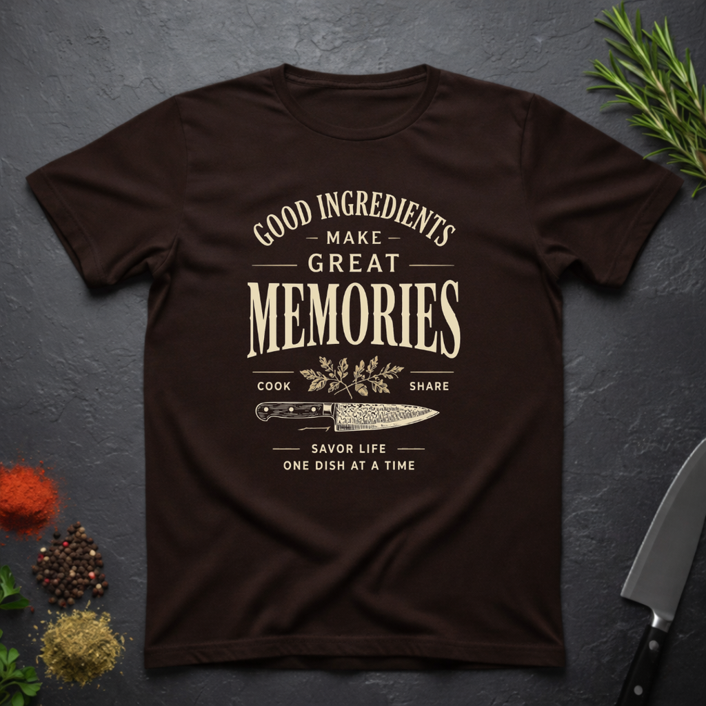 Chocolate brown t-shirt with text "Good Ingredients Make great Memories" in an off-white bold font from the Bitter Palate brand.