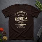 Chocolate brown t-shirt with text "Good Ingredients Make great Memories" in an off-white bold font from the Bitter Palate brand.
