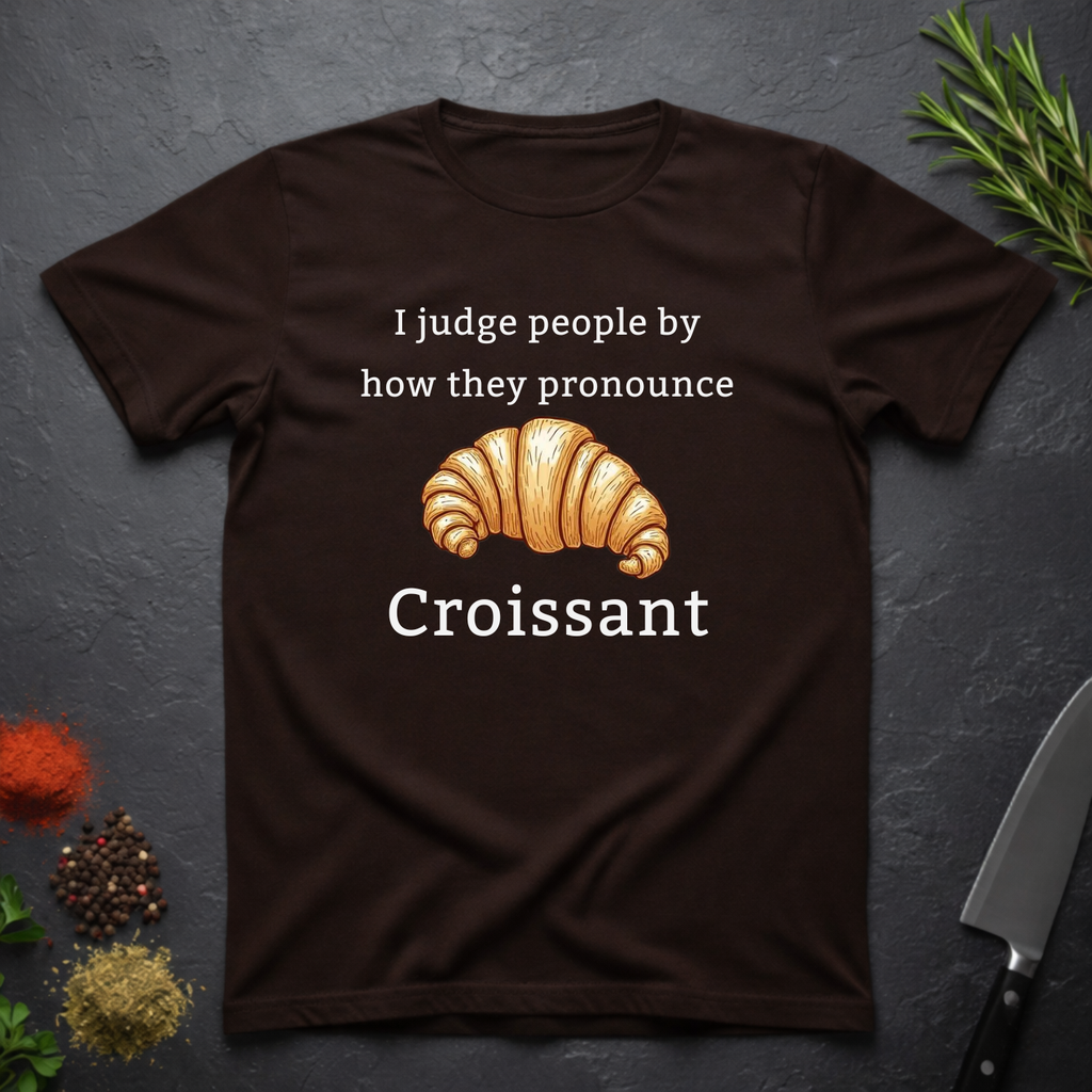 Chocolate Brown t-shirt with a croissant graphic and text "I judge people by ho they pronounce Croissant" on a dark surface.