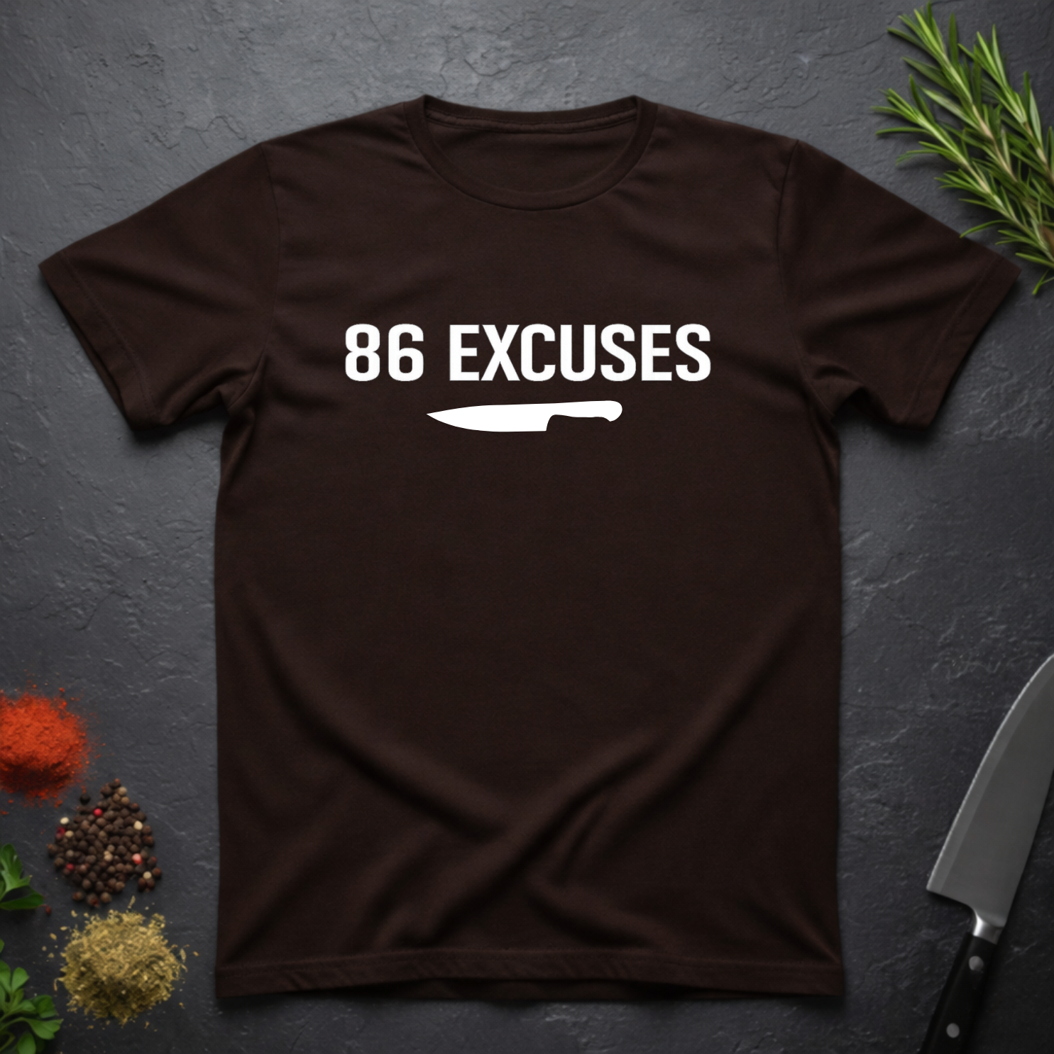 Chocolate Brown t-shirt with '86 Excuses' and a knife graphic on a dark surface.