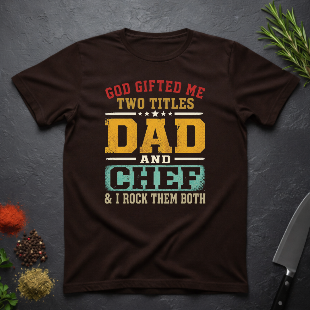 Chocolate brown t-shirt with colorful text design "God Gifted me Two Titles, Dad and Chef" on a dark surface.
