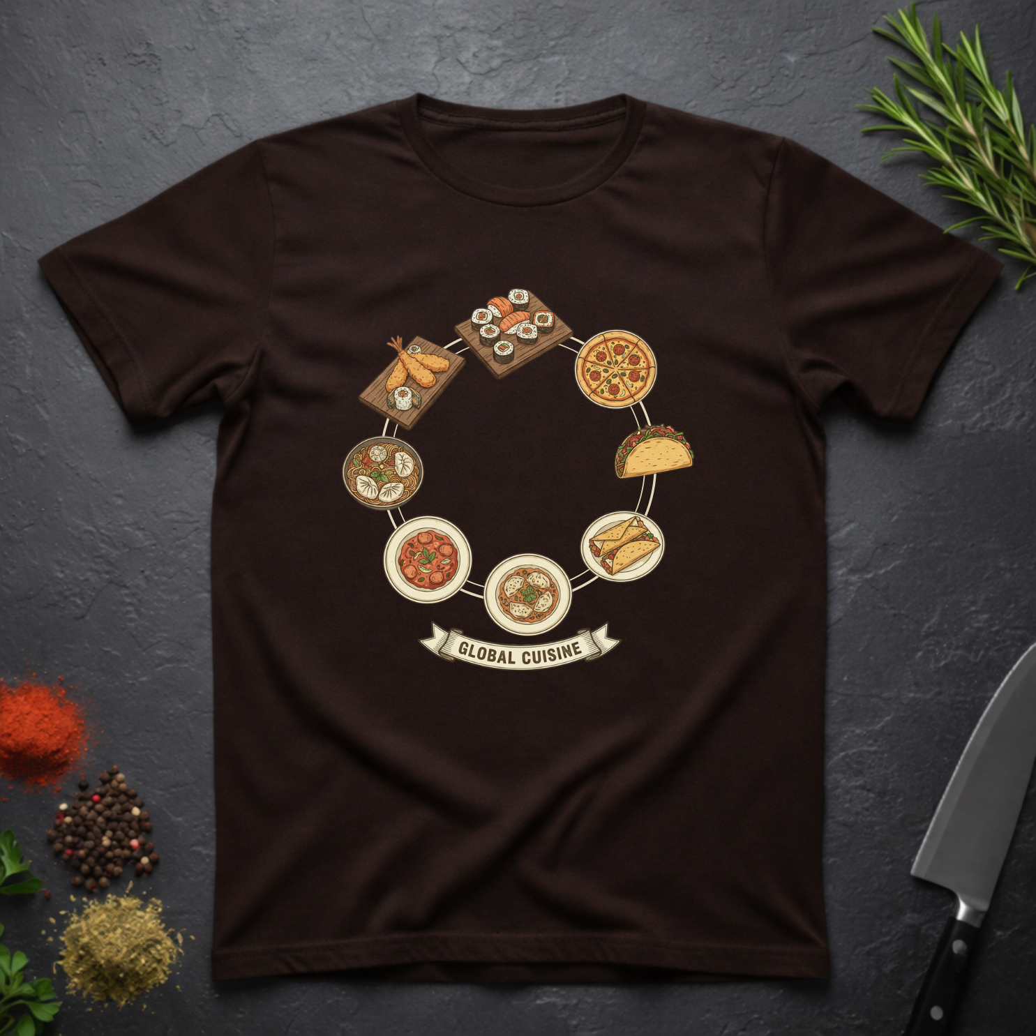 Chocolate brown t-shirt with circular 'Global Cuisine' graphic design on a dark surface.