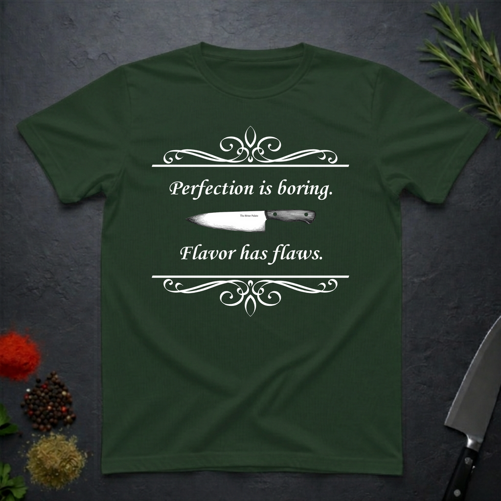 Forest green t-shirt with a knife graphic and text "Perfection is boring. Flavor has flaws." On a dark surface. 