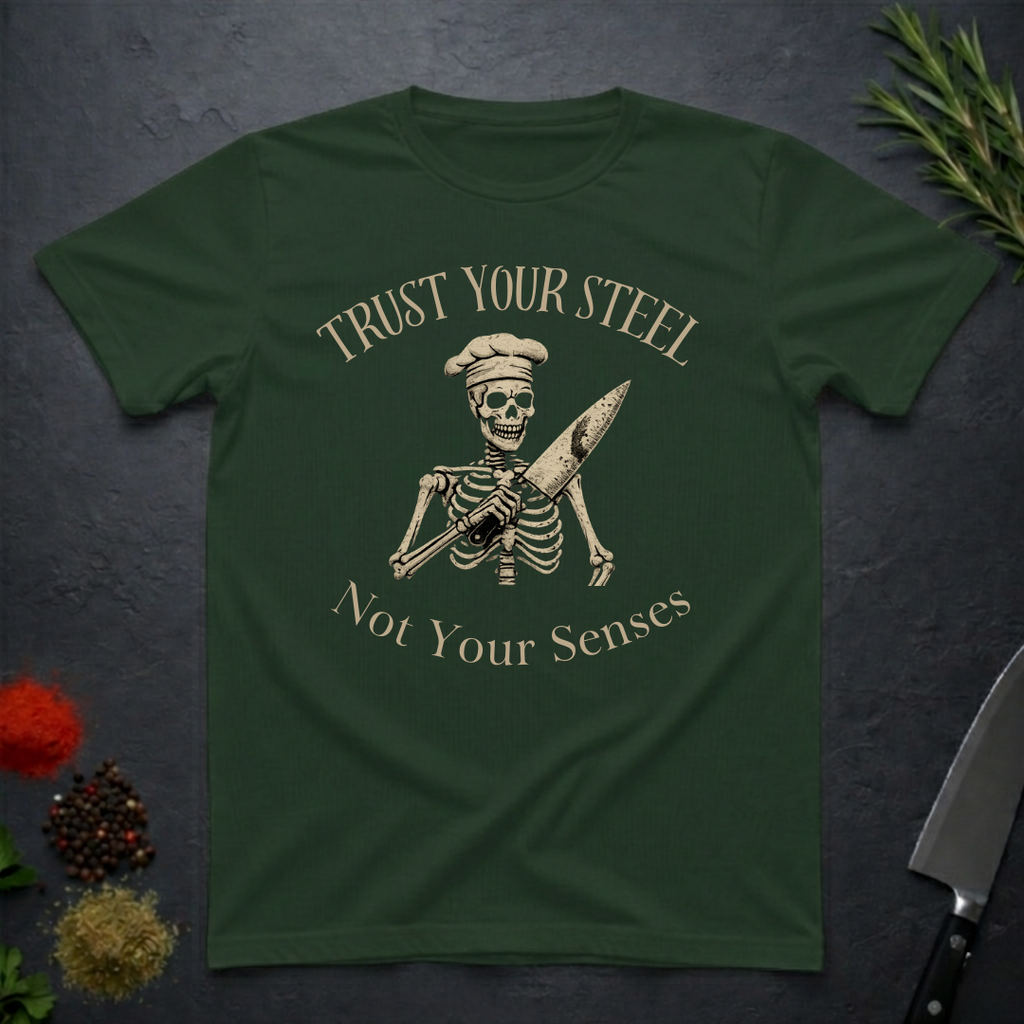 Forest green t-shirt with skeleton design and text "Trust your Steel, Not Your Senses" on a dark surface with decorative elements.