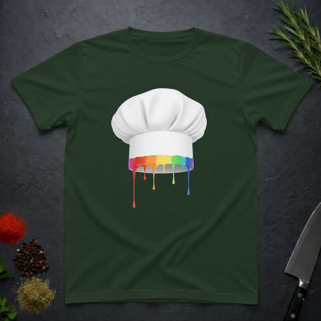 Forest green t-shirt with a chef's hat graphic featuring dripping rainbow colors on a dark surface.