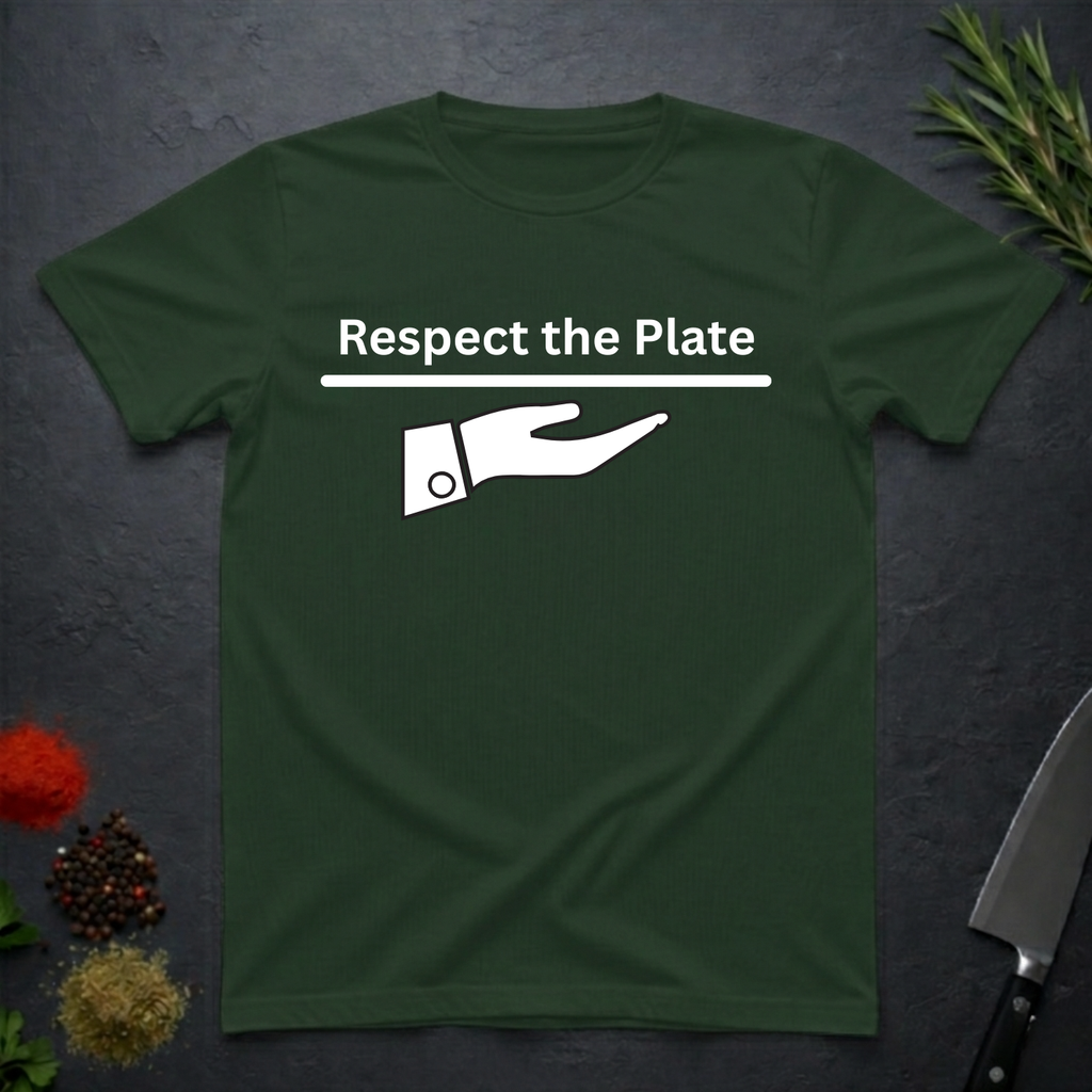 Forest Green t-shirt with 'Respect the Plate' graphic on a dark surface