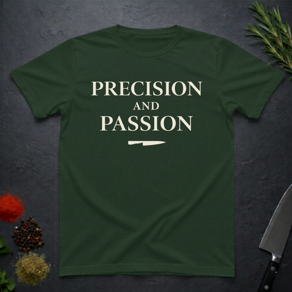 Forest Green t-shirt with 'PRECISION AND PASSION' text on a dark surface with decorative elements.