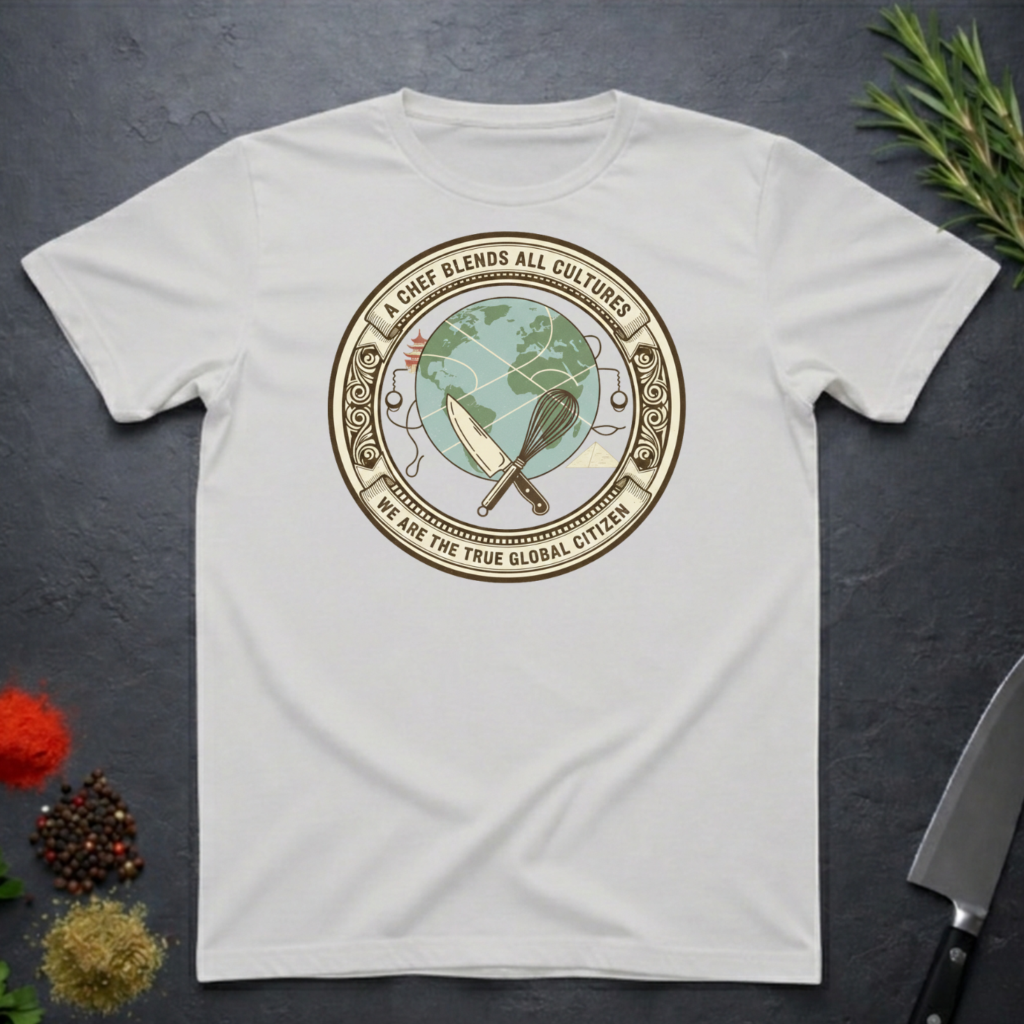 Ice Grey t-shirt with circular graphic of a globe and text "A Chef Blends All Cultures" on a dark surface.