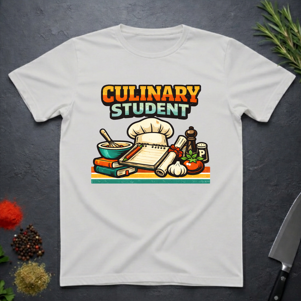 Ice grey t-shirt with 'Culinary Student' graphic design on a dark surface with kitchen items.