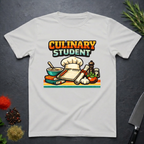 Ice grey t-shirt with 'Culinary Student' graphic design on a dark surface with kitchen items.