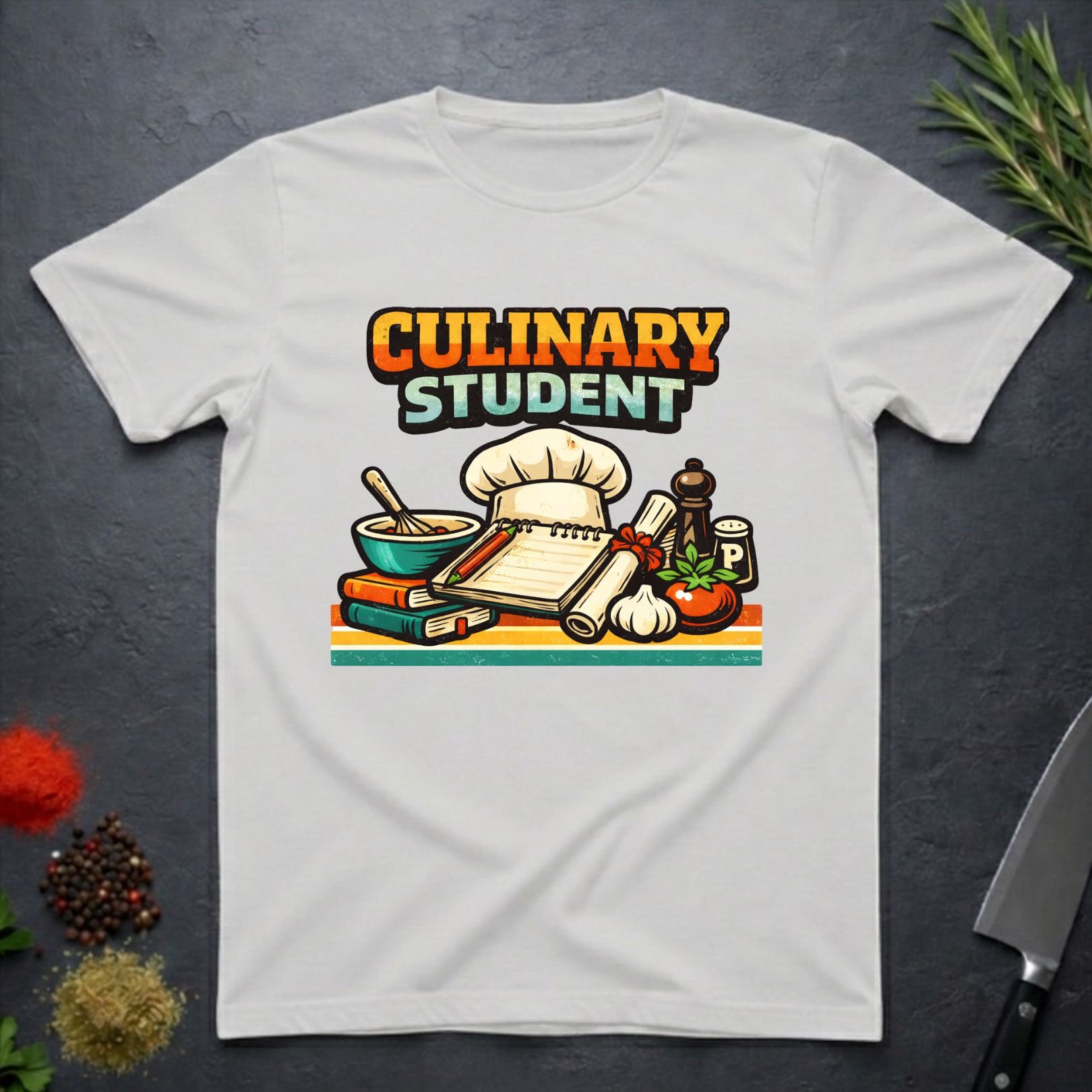 Ice grey t-shirt with 'Culinary Student' graphic design on a dark surface with kitchen items.