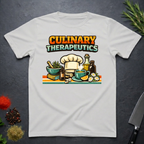 Ice grey t-shirt with 'Culinary Therapeutics' graphic design on a dark surface.