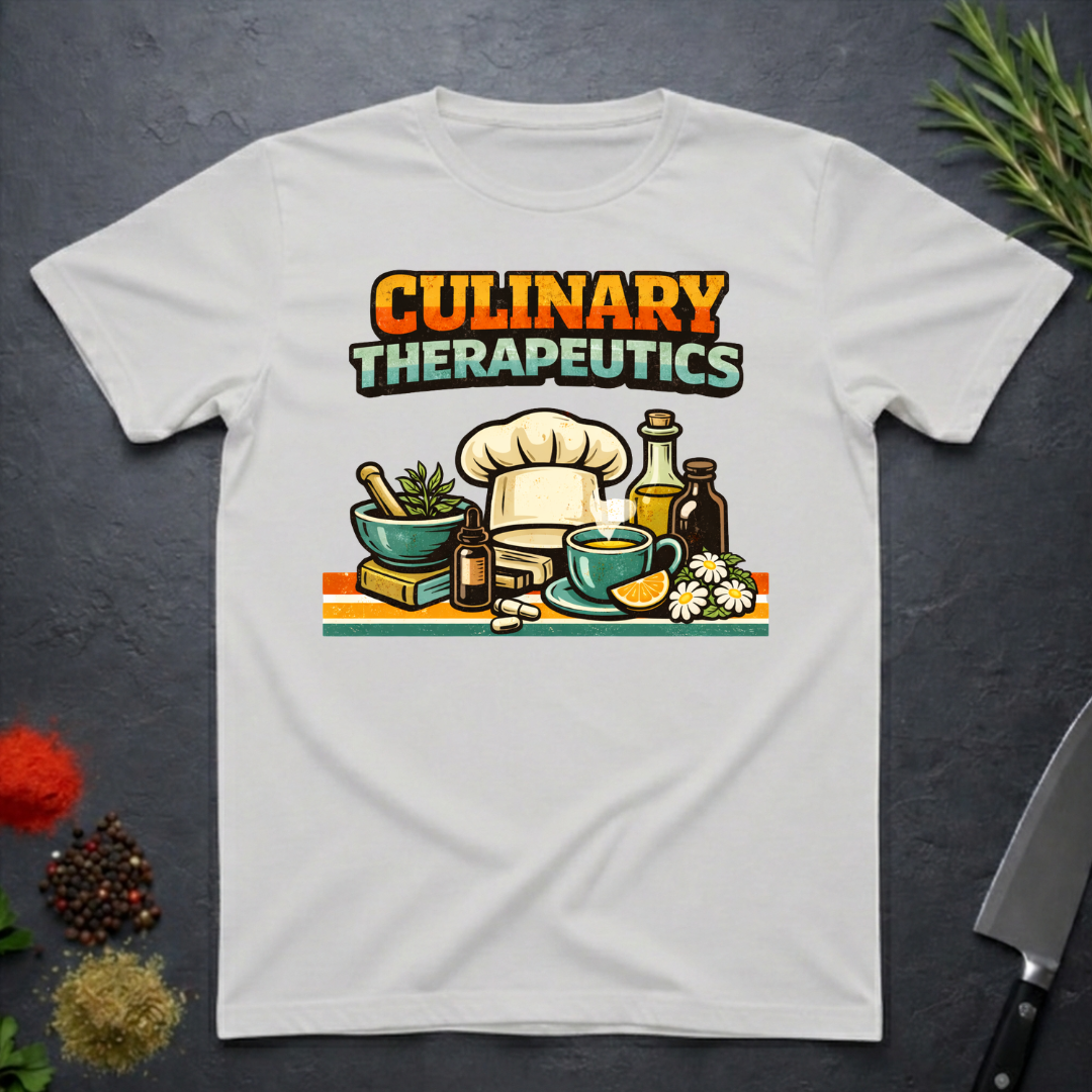 Ice grey t-shirt with 'Culinary Therapeutics' graphic design on a dark surface.