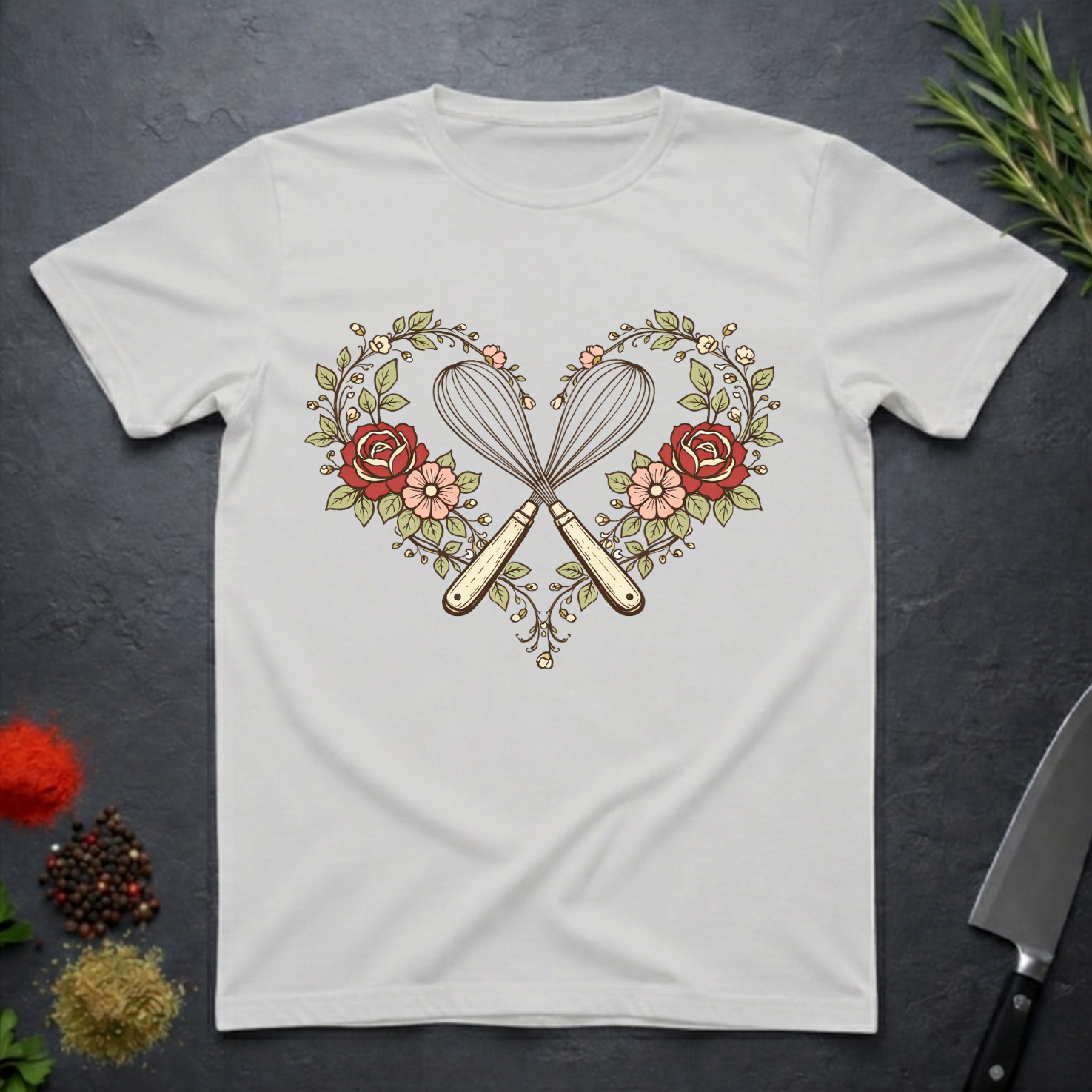 Ice grey t-shirt with a design of crossed kitchen utensils and flowers on a dark surface.