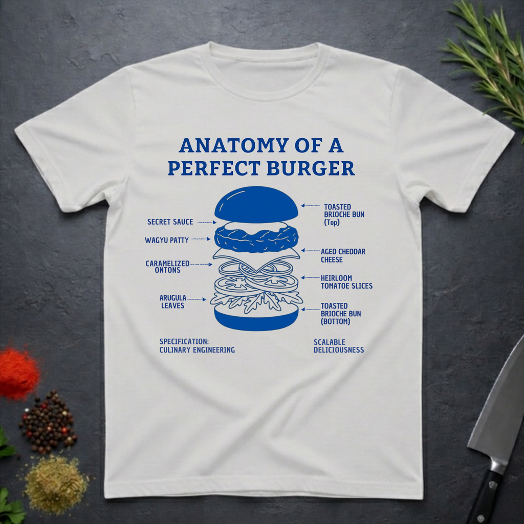 Ice grey t-shirt with 'Anatomy of a Perfect Burger' graphic on a dark surface.