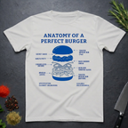 Ice grey t-shirt with 'Anatomy of a Perfect Burger' graphic on a dark surface.