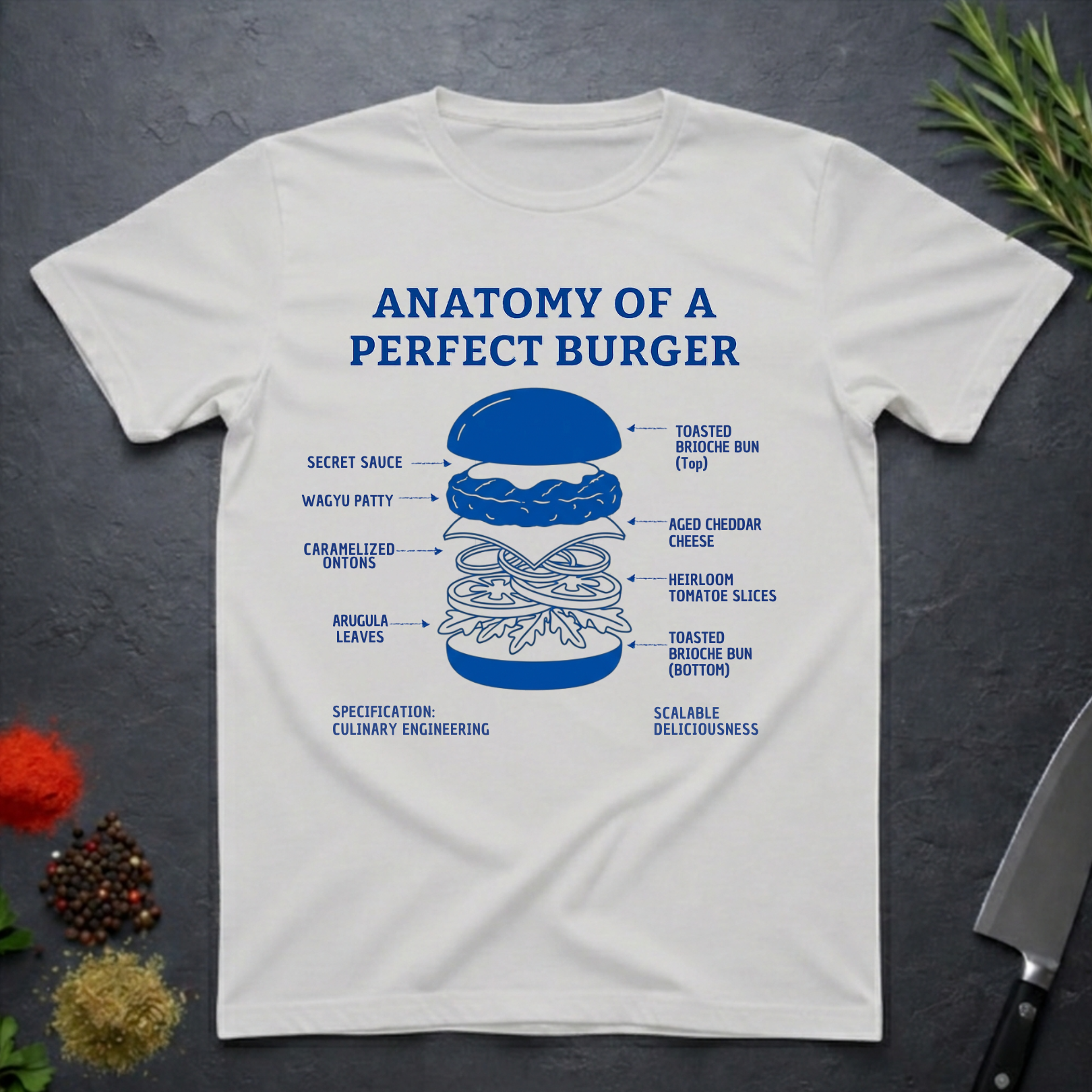 Ice grey t-shirt with 'Anatomy of a Perfect Burger' graphic on a dark surface.