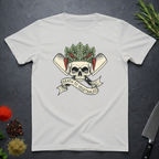 Ice grey t-shirt with skull and crossed knives with vegetables design with text "Death To Vegetable" on a dark surface.