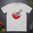 Ice Grey t-shirt with a red bowl of ramen swirled noodles graphic and black chopsticks.