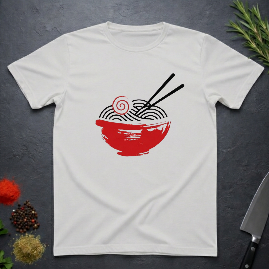 Ice Grey t-shirt with a red bowl of ramen swirled noodles graphic and black chopsticks.