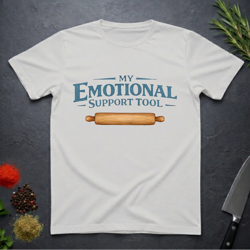 Ice Grey t-shirt with a rolling pin graphic and text on a dark surface with kitchen items.