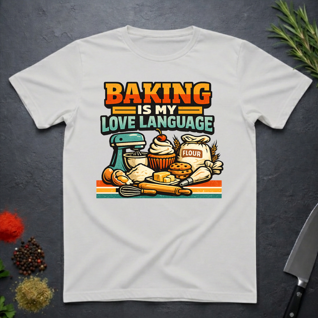 Ice grey t-shirt with baking-themed graphic and text "Baking is My Love Language" on a dark surface.