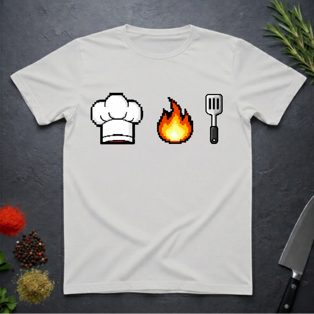 Ice Grey t-shirt with pixelated chef hat, flame, and spatula icons on a dark surface.