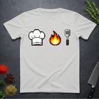 Ice Grey t-shirt with pixelated chef hat, flame, and spatula icons on a dark surface.