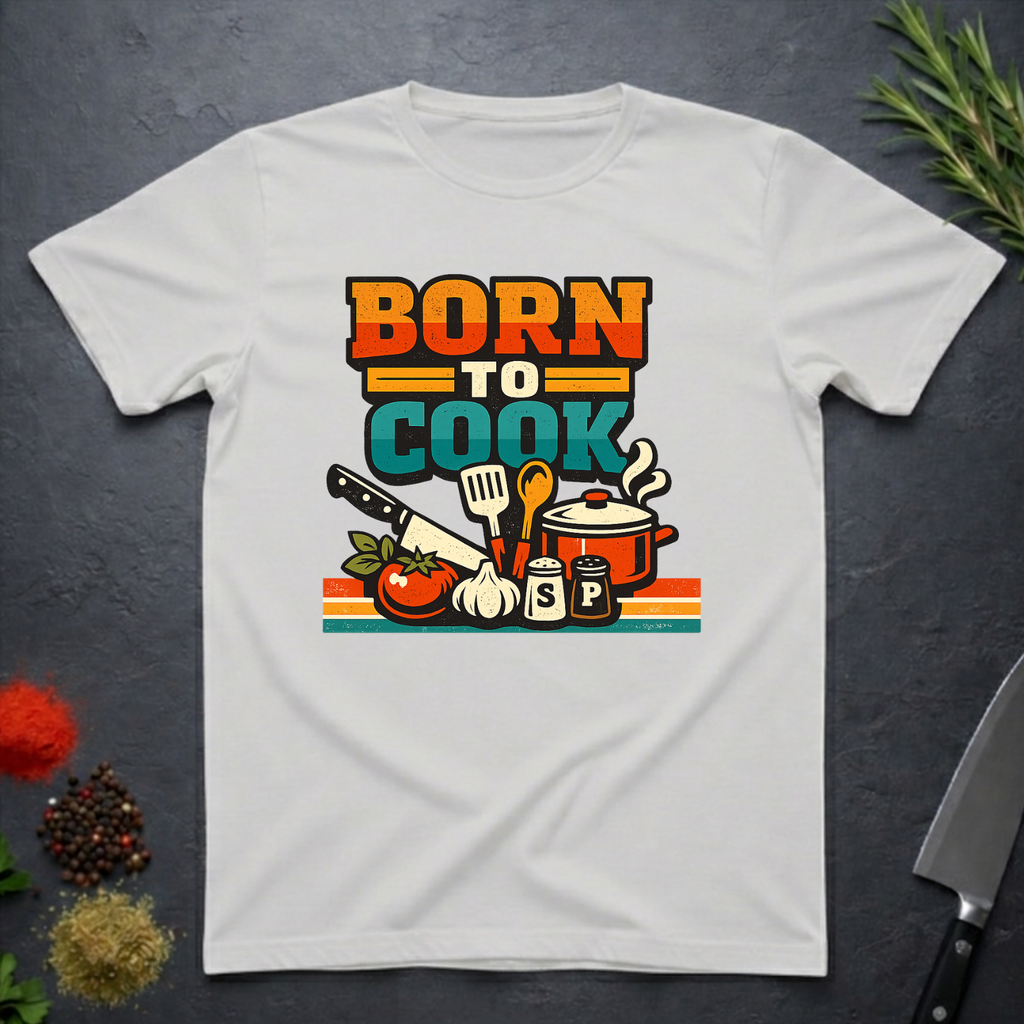 Ice Grey t-shirt with 'Born to Cook' graphic design on a dark surface with kitchen items.