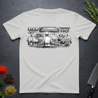 Ice grey t-shirt with black and white graphic of chefs in a kitchen scene on a dark surface.