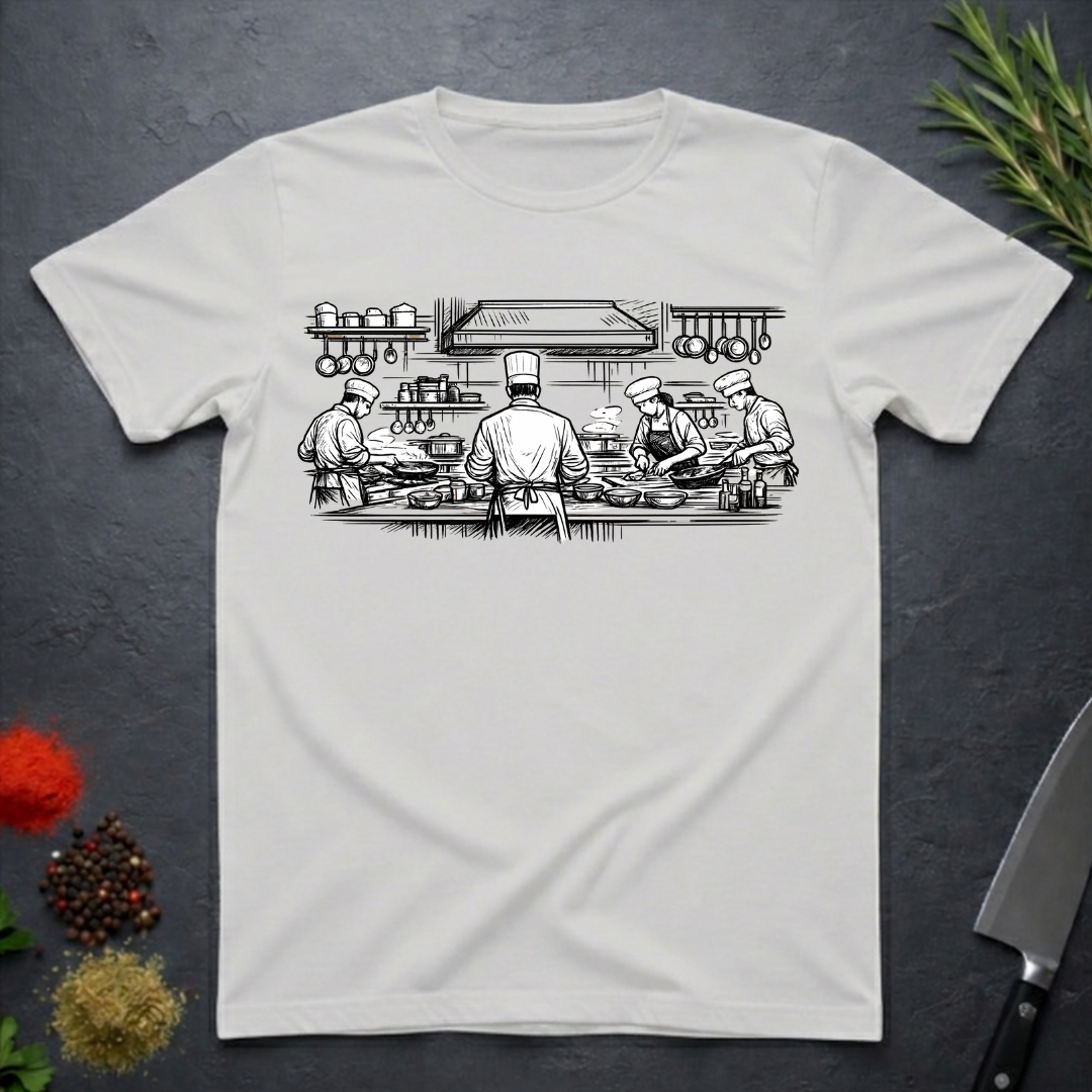 Ice grey t-shirt with black and white graphic of chefs in a kitchen scene on a dark surface.