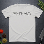 Ice grey t-shirt with black icons of chef hat, game remote, ramen bowl and repeat symbol on a dark surface.