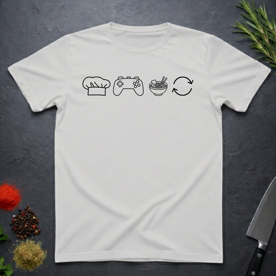 Ice grey t-shirt with black icons of chef hat, game remote, ramen bowl and repeat symbol on a dark surface.