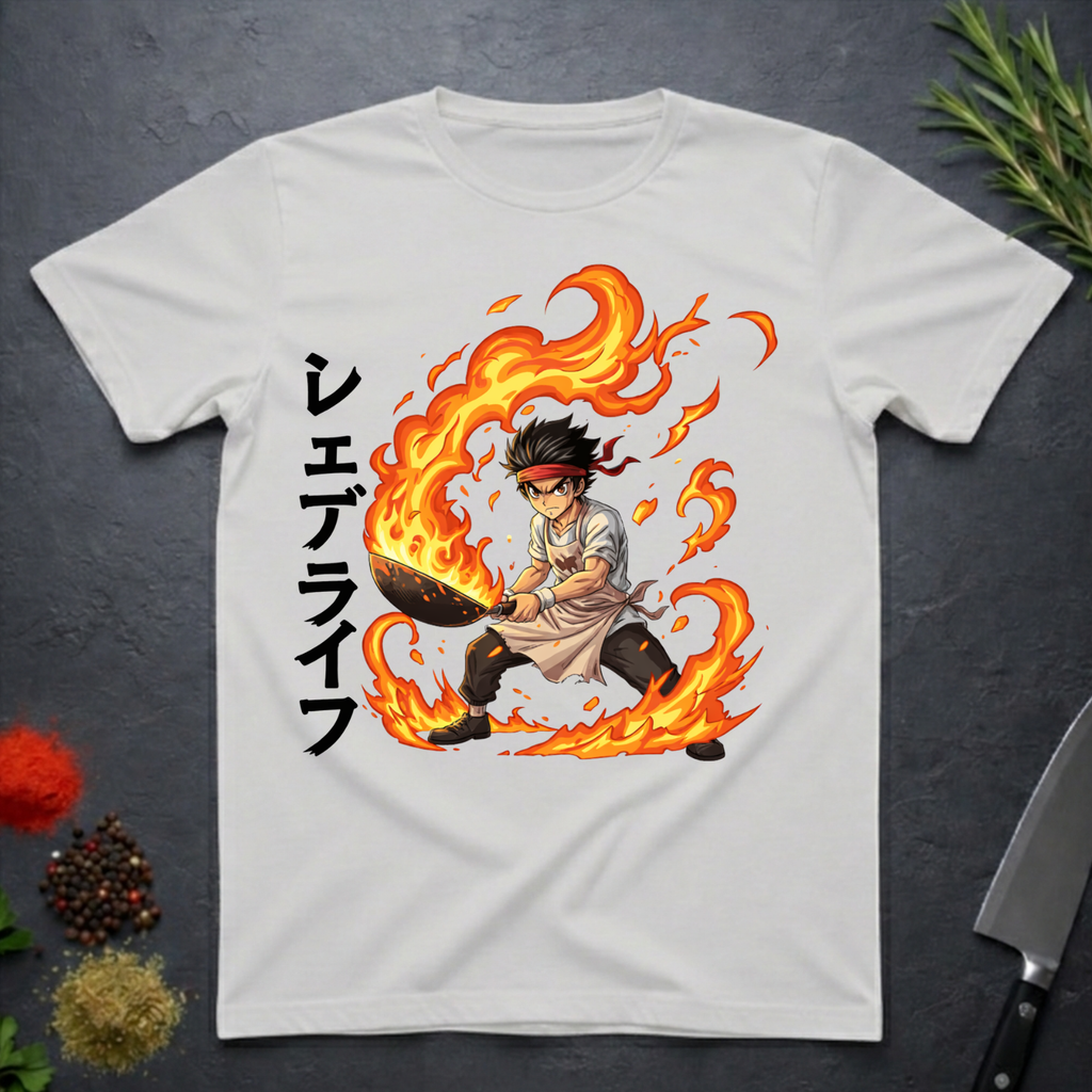 Ice grey t-shirt with a graphic design of an anime character holding wok in flames with Japanese characters on a dark surface.