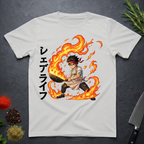 Ice grey t-shirt with a graphic design of an anime character holding wok in flames with Japanese characters on a dark surface.