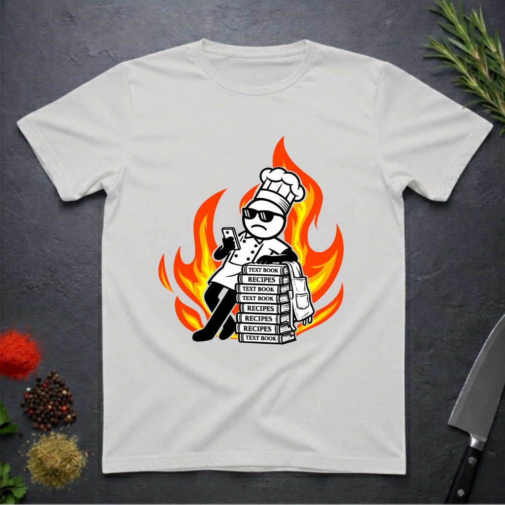Ice grey t-shirt with a cartoon dead-pan chef leaning on text books with a background of flames on a dark surface.