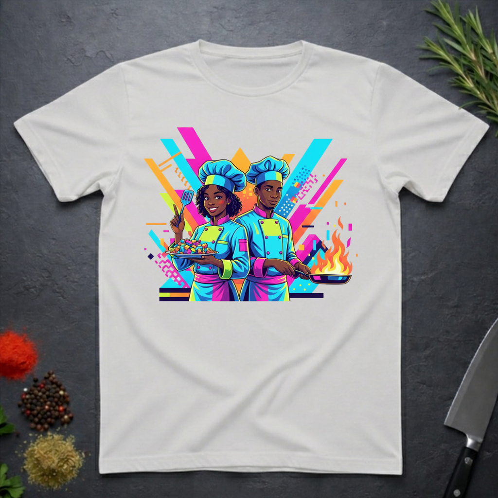 Ice grey t-shirt with neon 90s retro illustration of two African American chefs cooking against a vibrant, geometric background, on a dark surface.