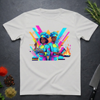 Ice grey t-shirt with neon 90s retro illustration of two African American chefs cooking against a vibrant, geometric background, on a dark surface.
