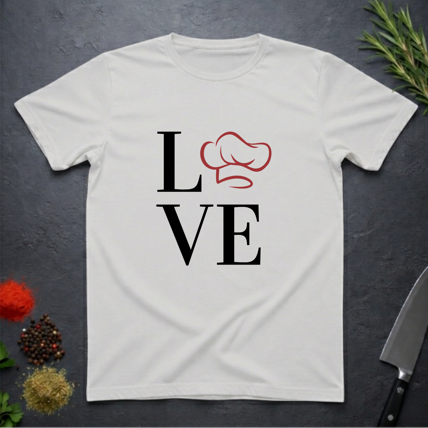 Ice Grey t-shirt with 'LOVE' design featuring a chef's hat as the letter O on a dark surface.