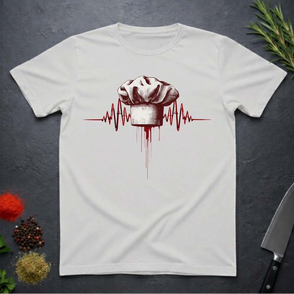 Ice Grey t-shirt with a chef hat and heartbeat design on a dark surface with kitchen items.