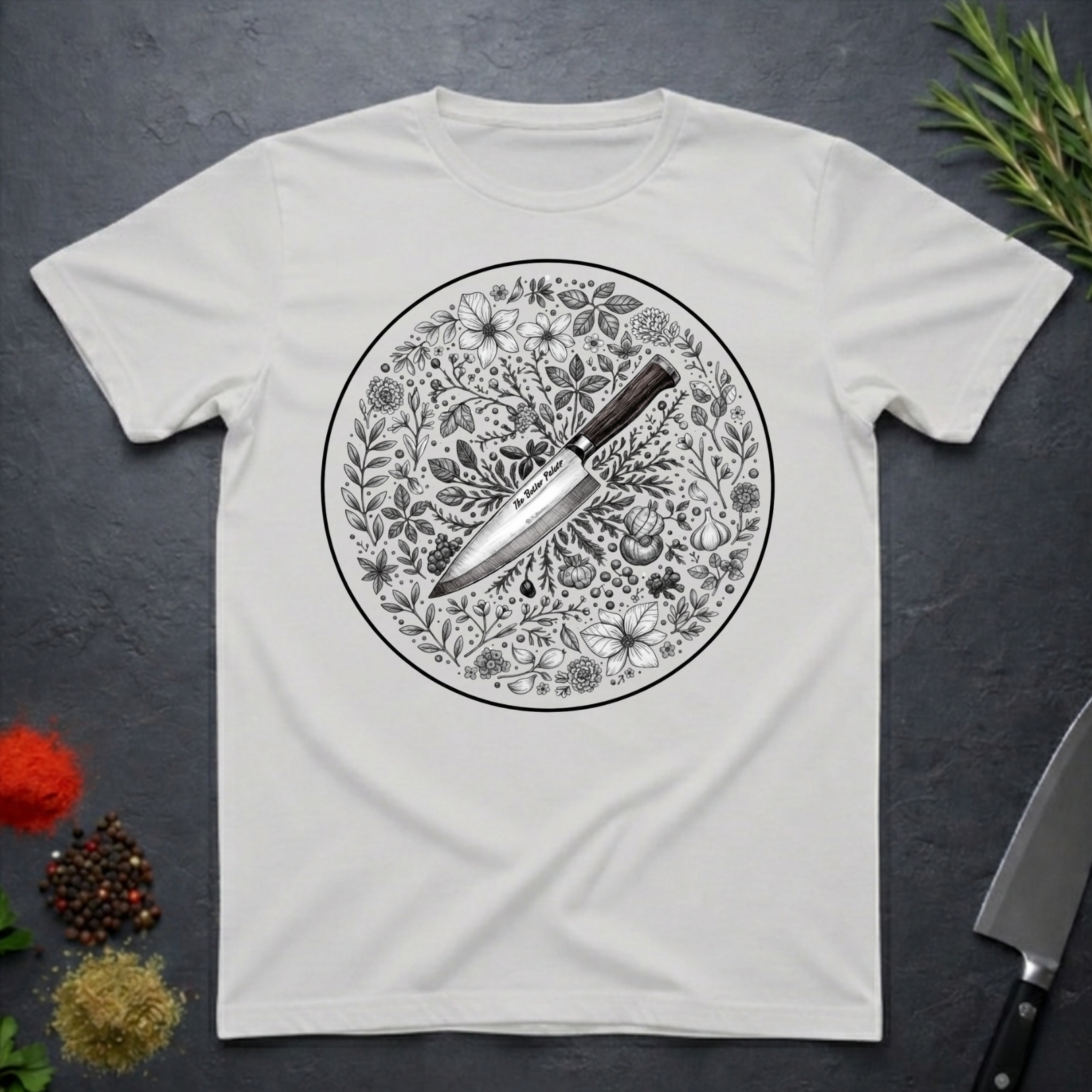 Ice grey t-shirt with a circular floral and knife design on a dark surface.