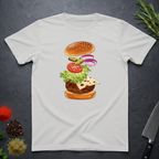 Ice Grey t-shirt with a colorful stacked burger ingredients graphic on a dark surface.